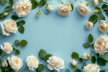 Abstract floral frame background. Beautiful white roses border frame on pastel blue background. Top view, copy space
