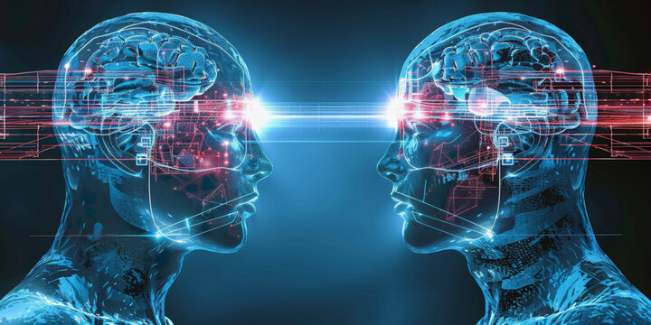 Two transparent human head silhouettes facing each other, with digital brain interfaces connecting through beams of light and data streams, thinking in two parallel  lines