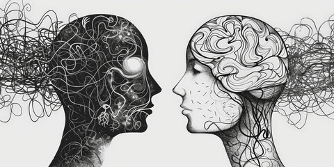 Illustration of two profiles with contrasting organized and chaotic brain wiring, symbolizing mental order and disorder, thinking in two parallel line