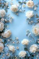 Abstract floral frame background. Beautiful white roses border frame on pastel blue background. Top view, copy space
