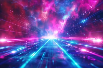 Abstract background with neon glows and a central hyperlight flare. Modern background with pink, blue, purple colors