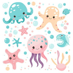 Cute cartoon clipart with sea life for kids. sea animals elements isolated on white background in flat style for stickers, cards, invites and posters. Collection of ocean creatures, pastel colors