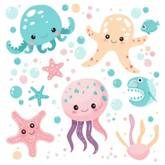 Badkamer foto achterwand In de zee Cute cartoon clipart with sea life for kids. sea animals elements isolated on white background in flat style for stickers, cards, invites and posters. Collection of ocean creatures, pastel colors