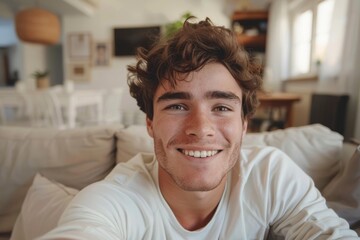 A young man taking a selfie at home, his Caucasian face is photogenic, with a happy smile and visible teeth. The living room is modern, with an indoor atmosphere