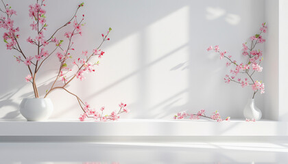 Cherry blossoms in white vases on a sunlit window sill casting soft shadows on a minimalist white wall.