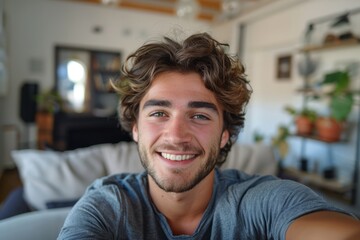 A young man taking a selfie at home, his Caucasian face is photogenic, with a happy smile and visible teeth. The living room is modern, with an indoor atmosphere
