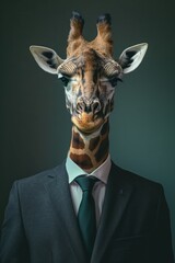 A man with a giraffe's head. Giraffe in a business suit.