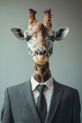 A man with a giraffe's head. Giraffe in a business suit.