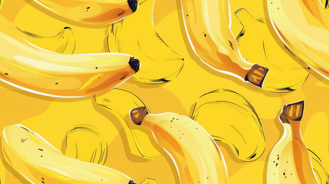 Colorful illustration of multiple bananas on a bright yellow background.