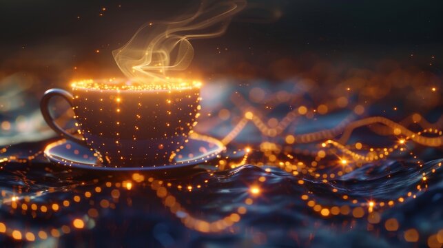 A network of glowing lines forming a coffee cup, symbolizing the connection and productivity enabled by Wi-Fi in cafes, perfect for a coffee shop advertisement.  