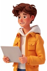 A young handsome man is using a laptop and working. 3d illustration. cartoon man with laptop