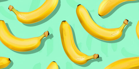 Multiple bananas scattered on a pastel green background.