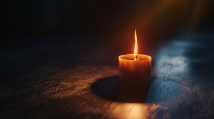 A lone candle flame swaying slightly in a dark room, casting warm shadows on the walls, ideal for a meditation app promo. 