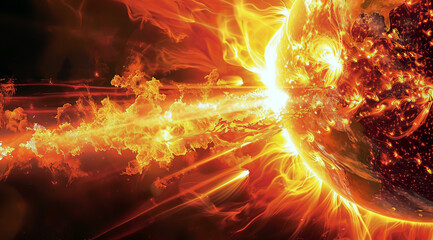 Fiery solar eruption impacting Earth, a dynamic representation of sun-Earth interactions