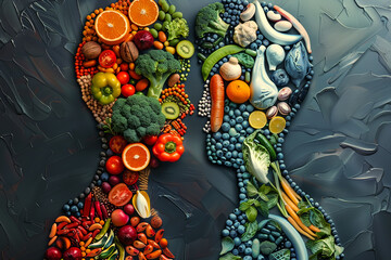 Nutritional concept art with diverse foods forming two contrasting human figures