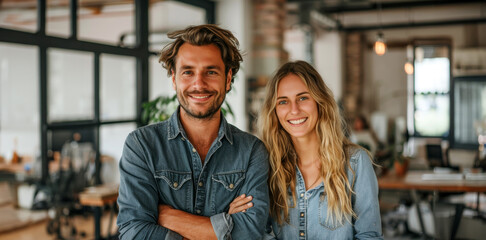 Confident couple owning a creative business with a friendly smile