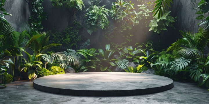 Round stage surrounded by lush green plants in a serene, forest-like setting, evoking a natural and tranquil atmosphere.