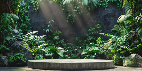 A sunlit circular stone platform surrounded by lush greenery within a serene, secluded garden or forest clearing.