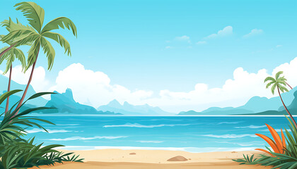 Fototapeta na wymiar Tranquil beach scene illustration with lush palms, soft sands, azure waters, and a clear sky, conveying a serene tropical escape. Generative AI