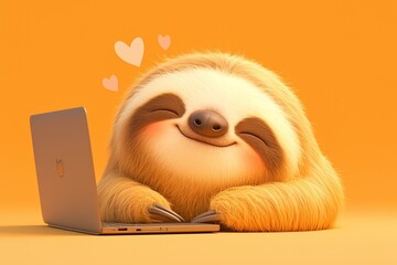 Naklejka premium sloth sitting at a table with a laptop, smiling, cute and happy. 