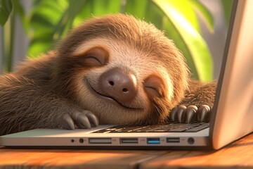 Naklejka premium sloth sitting at the table with macbook, smiling, happy face