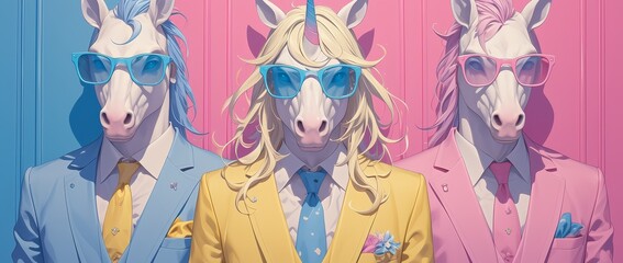 Three different colored suit and tie wearing mannequins with unicorn masks against a pastel pink background, with a fun vibe