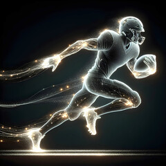 An American football player in mid-run accentuated by luminous and energetic light trails that trace his movement