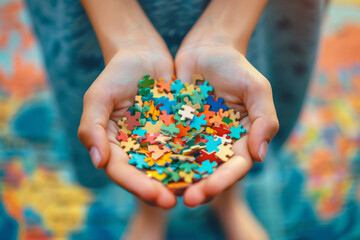The hands of a child holding a puzzle heart in close-up. The concept of the World Autism Awareness Day.