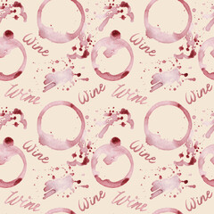 Watercolor abstract wine stains and words lettering seamless pattern . Hand drawn background with stains, glass marks, blots and splashes on beige background. - obrazy, fototapety, plakaty