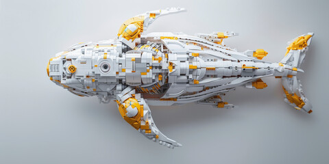 Naklejka premium A highly detailed model of a koi fish constructed from LEGO bricks, featuring white and yellow elements against a grey background.