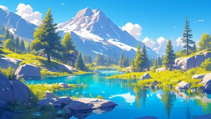 Stylized vector art of an alpine lake with pine trees and mountains in the background. The scene includes rocks, stones, grasses, reflections on the water