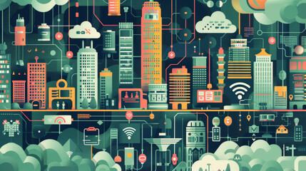 Illustration of a stylized smart cityscape with icons representing connectivity, data, and technology among urban skyscrapers and infrastructure. - obrazy, fototapety, plakaty