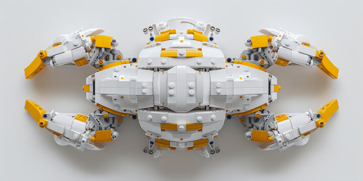 The image displays a symmetrical, spherical LEGO structure with yellow and white bricks, resembling a mechanical orb or device.