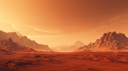Fototapeta na wymiar Wide panorama of mars - the red planet - landscape with mountains and impact crater during sunrise or sunset - 3D illustration. High quality photo