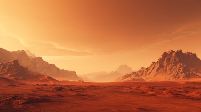 Wide panorama of mars - the red planet - landscape with mountains and impact crater during sunrise or sunset - 3D illustration. High quality photo