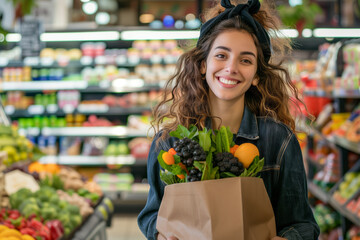 Happy, beautiful young woman with a paper bag filled with vegetables in supermarket. Shallow depth of field