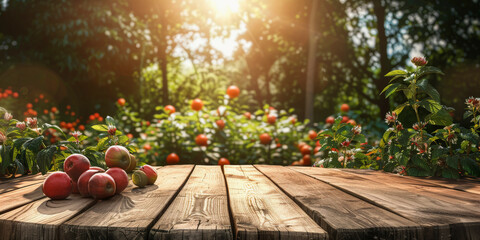 Ripe apples on rustic wooden table with lush garden and sunlight in the background, symbolizing a bountiful harvest.