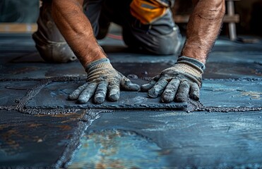 A worker meticulously installs tiles on the apartment floor, ensuring precision and quality craftsmanship