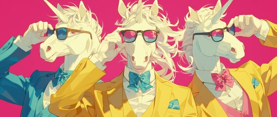 Obraz na płótnie Canvas Three mannequins wearing colorful suits and sunglasses, with unicorn heads on their faces, against a pink background