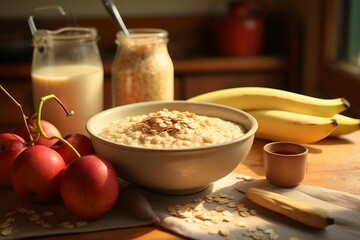 Inviting scene of oatmeal with banana in a sunlit kitchen, background softly blurred to emphasize the wholesome meal