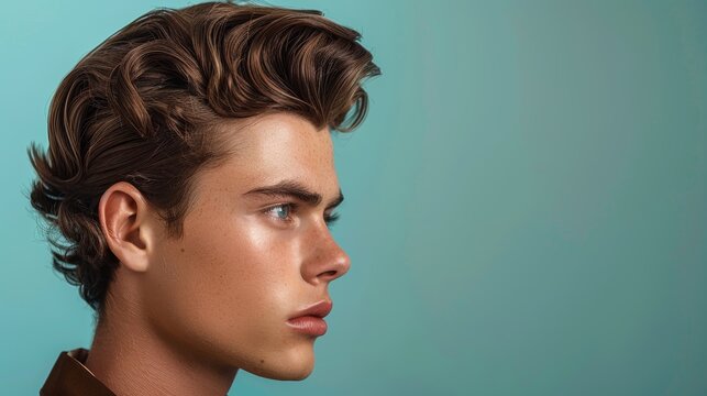 Hairstyle for barbershop aged young man brunette with pompadour volume 50s - 60s. Photo of real hairstyle for barbershop.