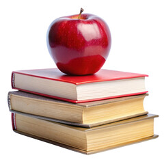 Book stack with apple, representing knowledge and the tradition of giving, isolated on transparent background