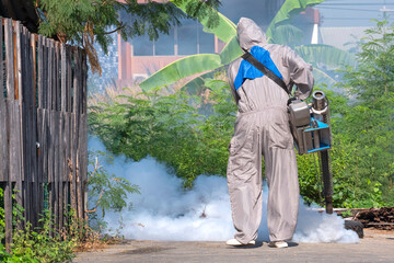 Healthcare worker using fogging machine to spraying insecticide for removal mosquitoes and prevent dengue fever on overgrown in slum area, rear view with copy space