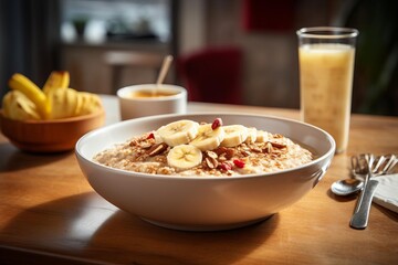 Warm bowl of oatmeal with banana slices, presented in a home kitchen with a softly blurred background for a cozy morning feel