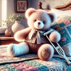 A plush teddy bear is sitting on a quilted bed with a cast on its right leg and crutches by its side, suggesting the concept of healing or care 