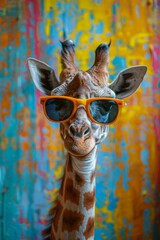 Funny giraffe wearing sunglasses in studio with a colorful and bright background.