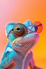 Funny chameleon wearing sunglasses in studio with a colorful and bright background