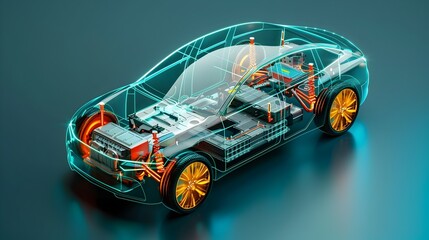 Isometric 3D View of a Crystal-clear Electric Car Showcasing Innovative Battery System