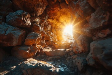 Empty tomb with stone rocky cave and light rays bursting from within. Easter resurrection of Jesus...