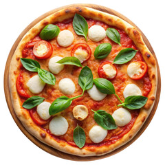 Pizza, Hawaiian, meat lover, margherita, seafood on transparent background, topped with mozzarella, cherry tomatoes, basil, and a drizzle of olive oil